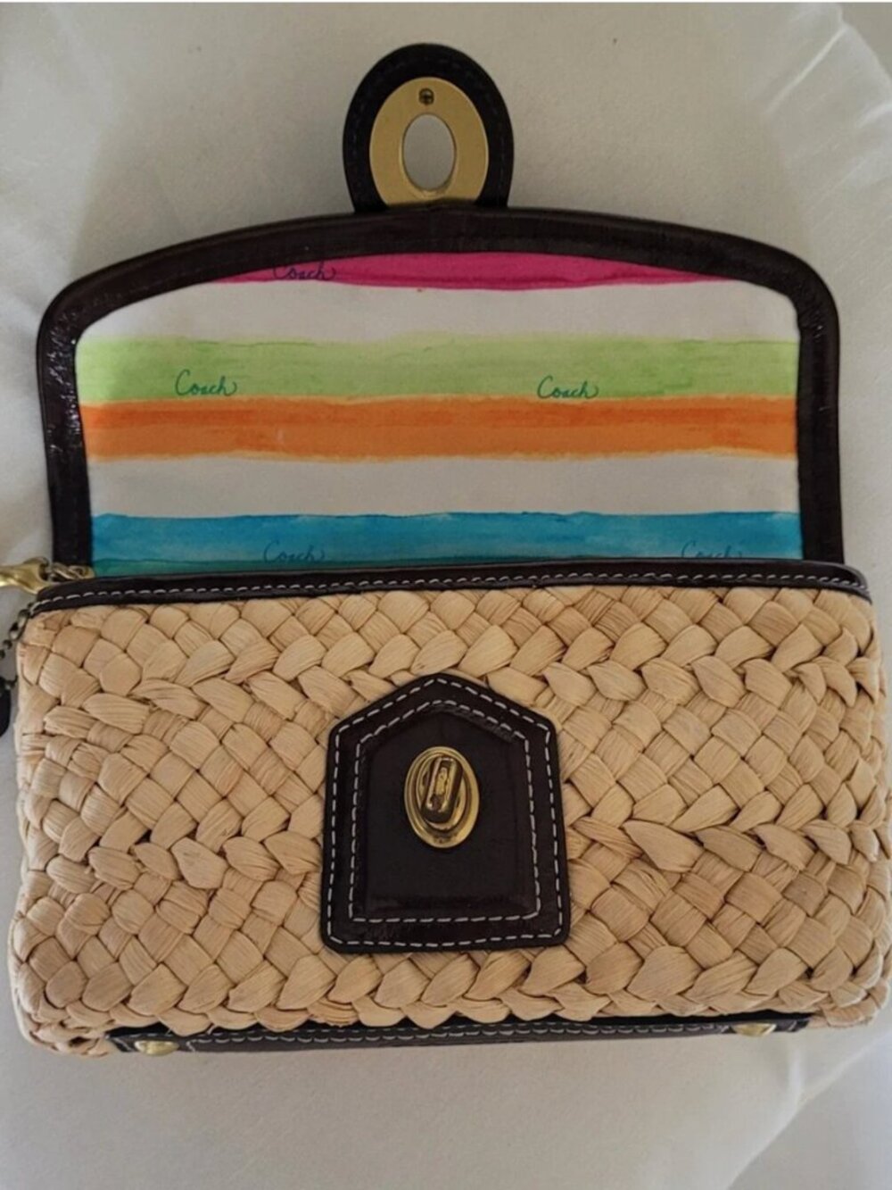 727 Coach Straw Summertime Turnlock Wristlet Clutch Brown Brass Raffia Vintage - Picture 4 of 12
